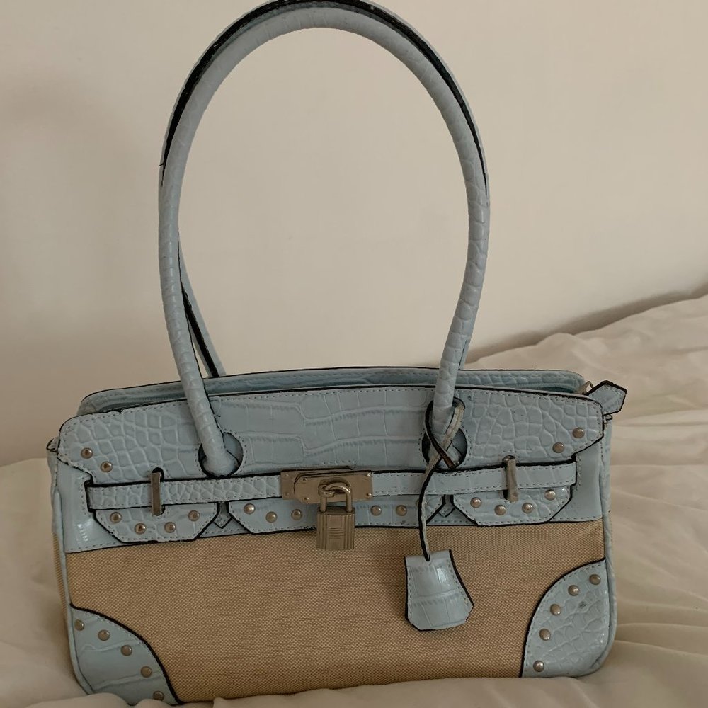 Baby Blue Faux Reptile Snake Skin and Canvas Purse Metal Studs and Lock